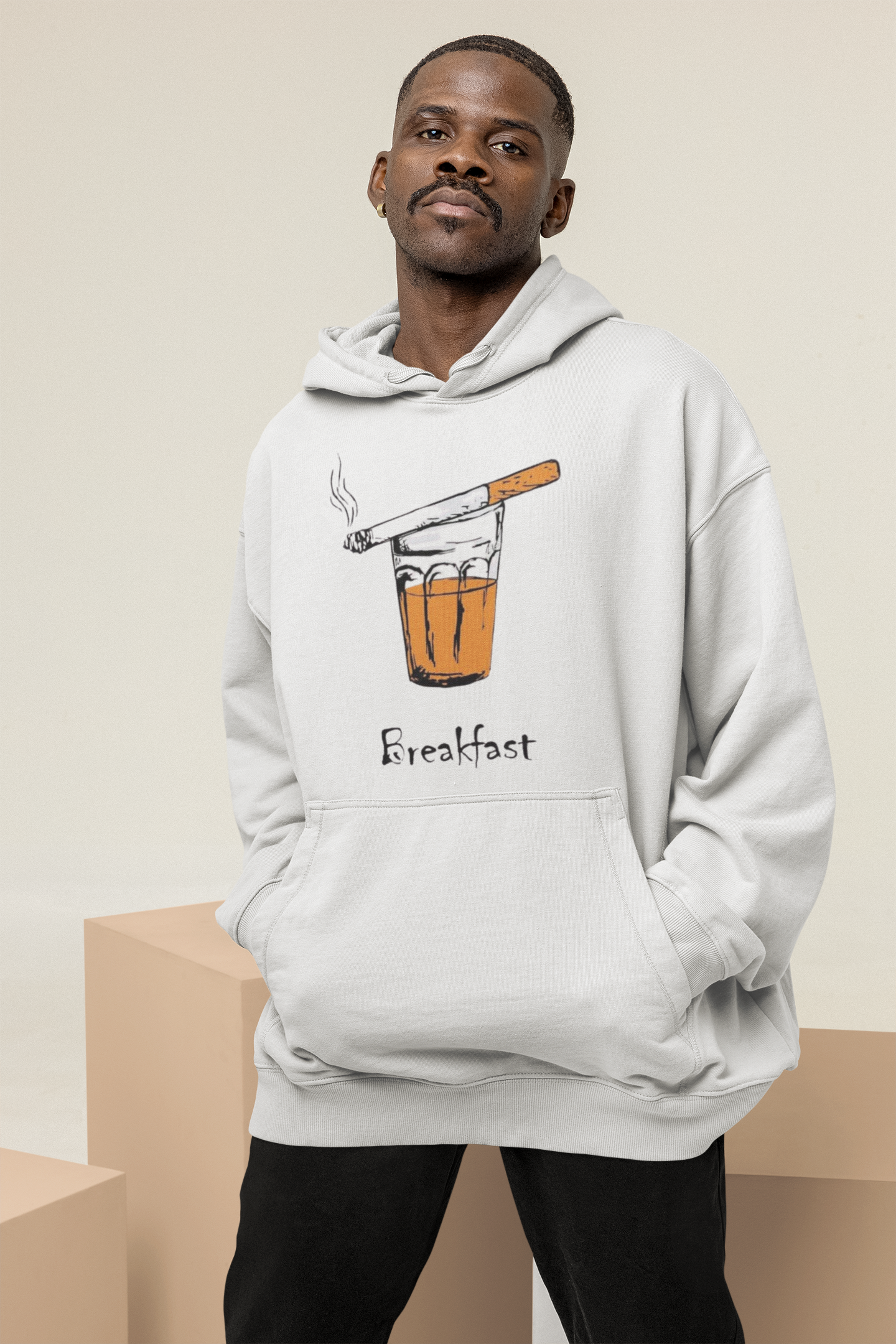 Men's Oversized Custom Hoodie in White Color BREAKFAST