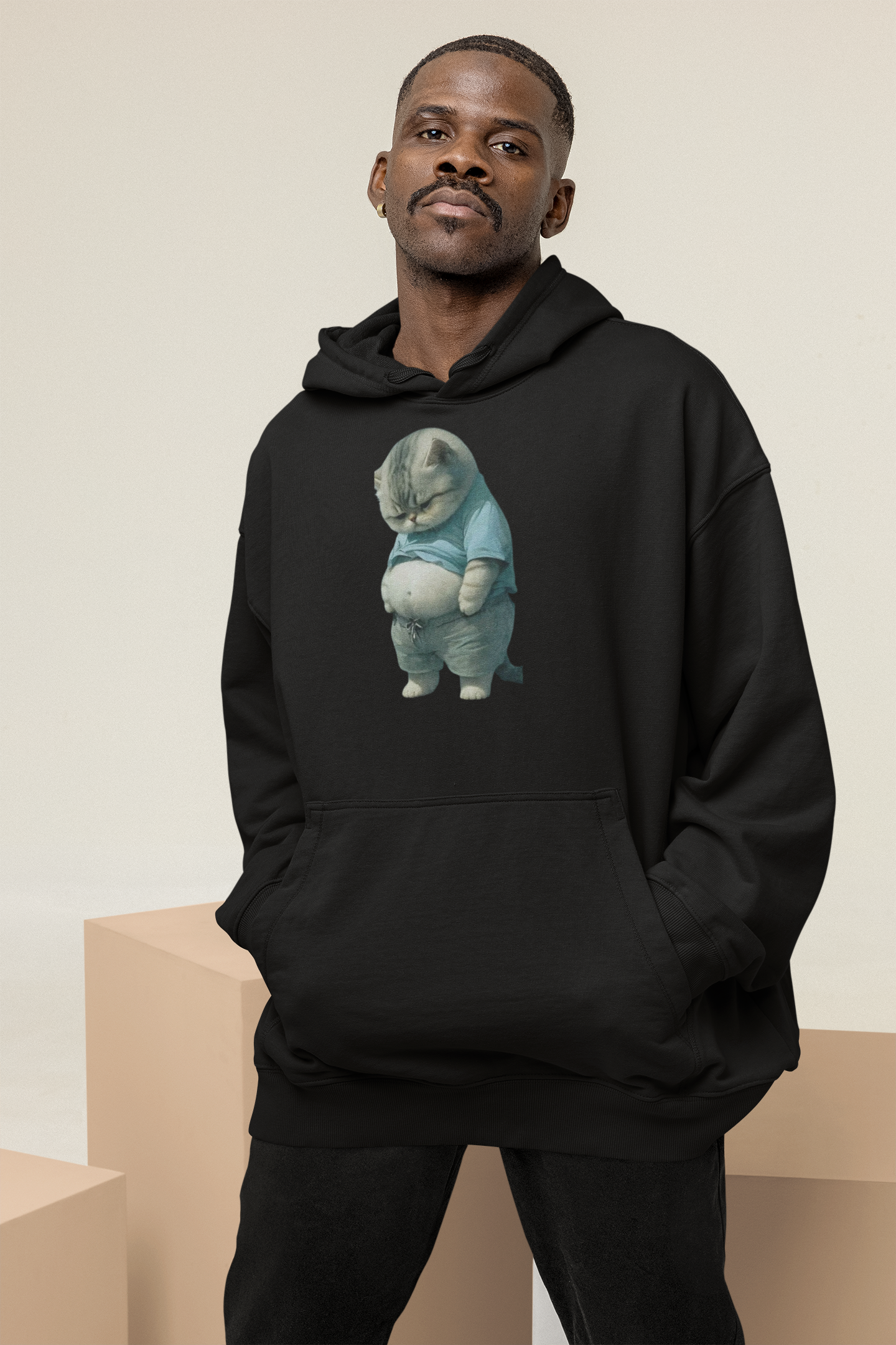 Men's Custom Hoodie POD FAT CAT Print Design (Front) Black