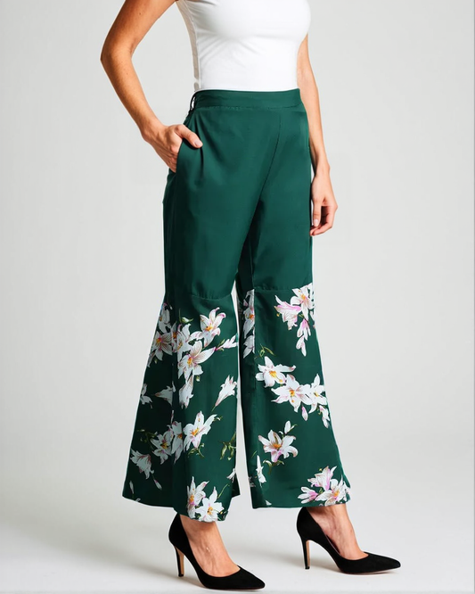 Women's Ethnic Palazzos in Floral Print – 100% Polyester Green & White