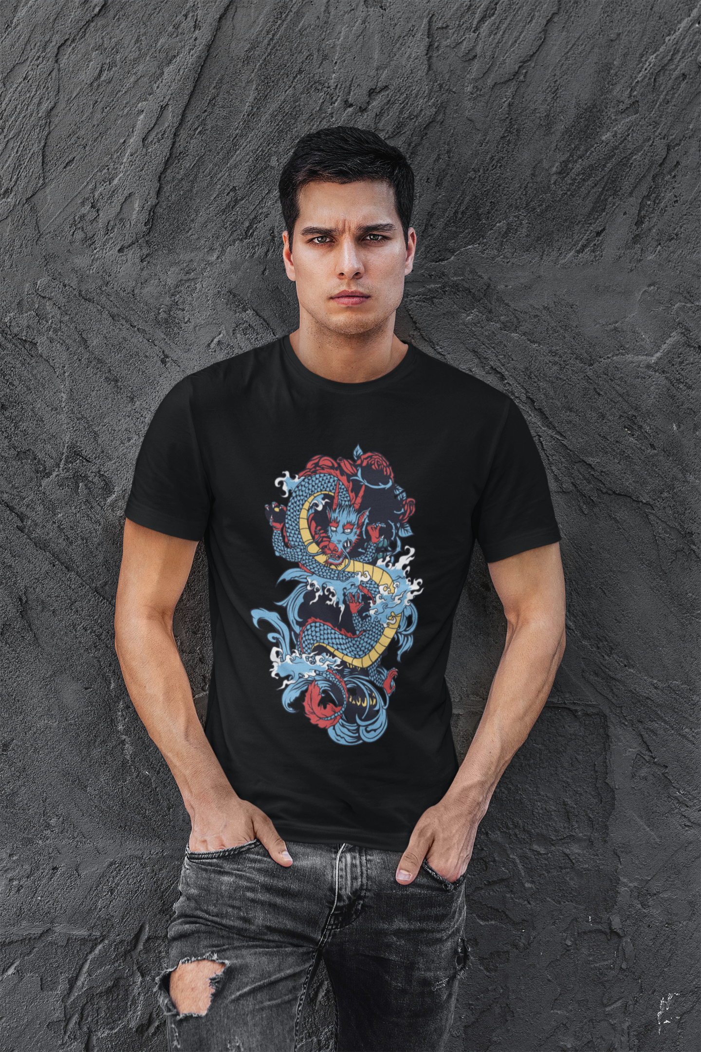 Dragon with Waves and Flowers T-Shirt for Men Color Black Front - COLORS QUEE