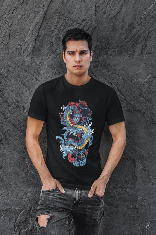 Dragon with Waves and Flowers T-Shirt for Men Color Black Front - COLORS QUEE