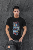 Dragon with Waves and Flowers T-Shirt for Men Color Black Front - COLORS QUEE
