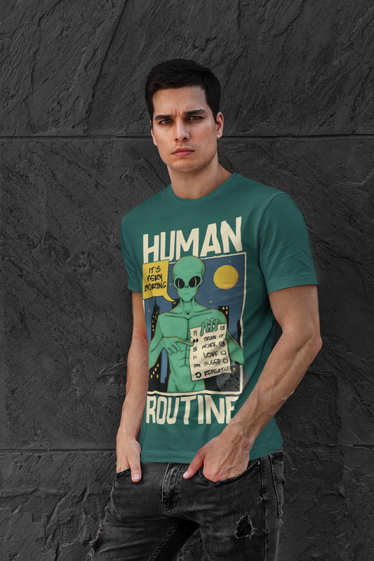 Alien “Human Routine” Graphic T-Shirt – Bottle Green | Cotton Lycra | Unisex Fit