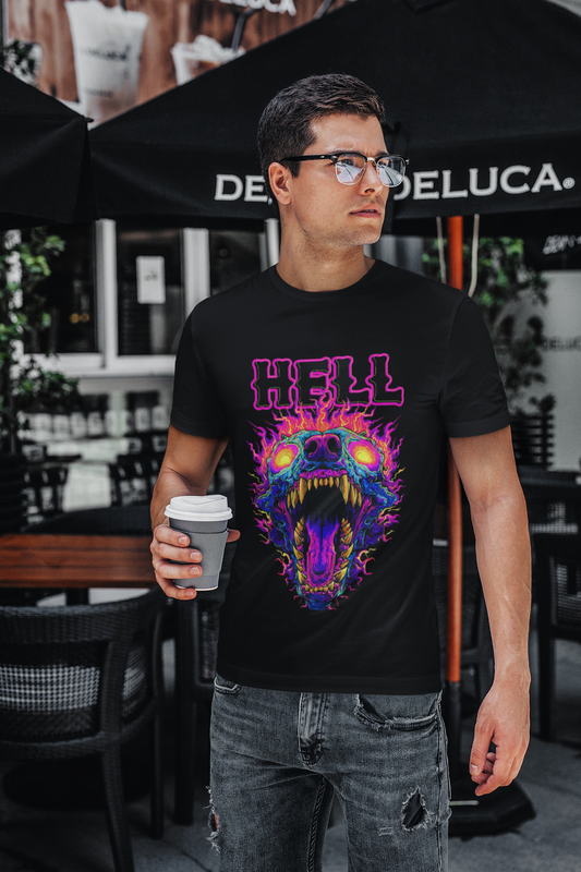 Custom T-Shirt for Men Color Black Colorful Flaming Hellhound