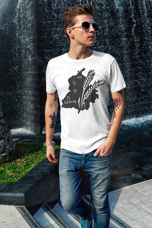 Custom T-Shirt for Men Color WHITE With Black PUNJAB FRONT Over