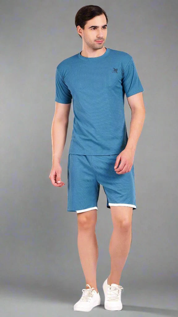 NAUTICON Men Round Neck t-Shirt and Shorts Co-Ord Set Teal Blue