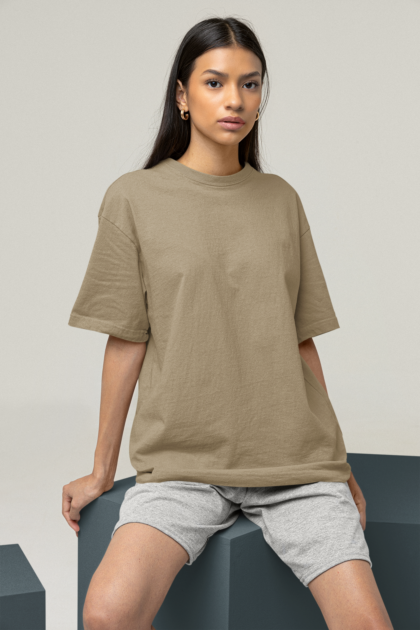 Women's Dark Beige Plain Oversize T-Shirt