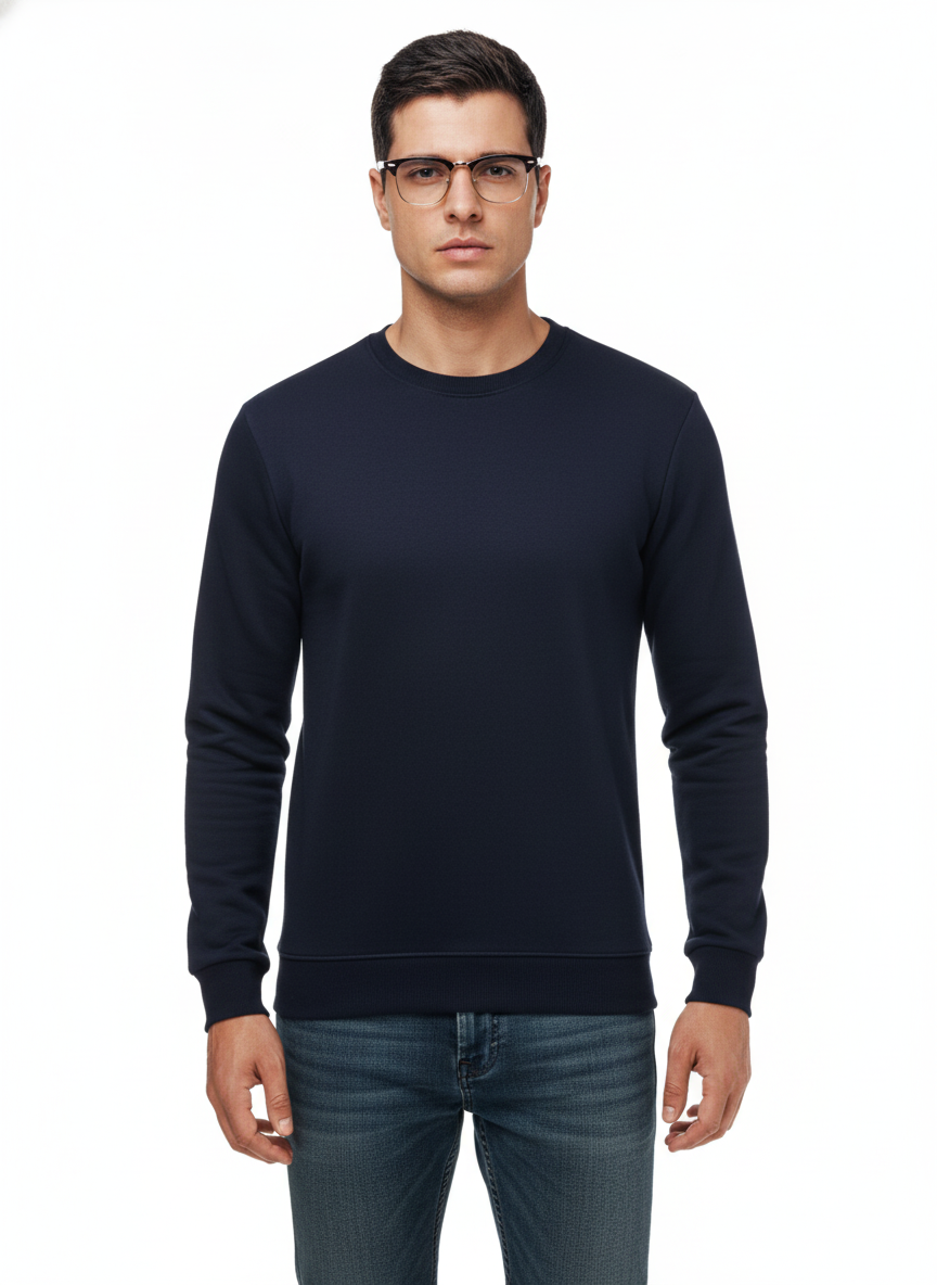Men's Casual Fleece Solid Round Neck Long Sleeves Sweatshirt (Navy Blue)
