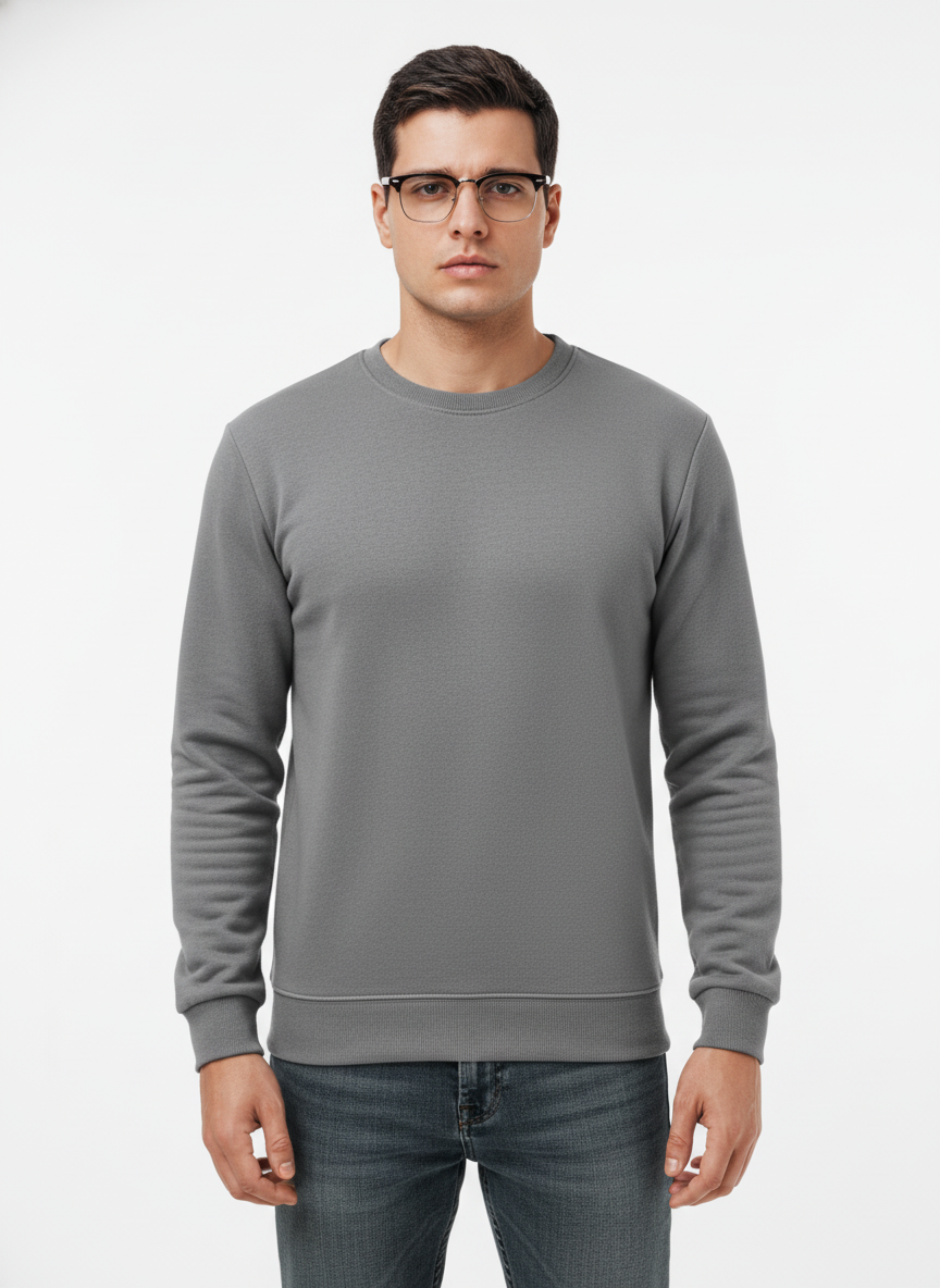 Men's Casual Fleece Solid Round Neck Long Sleeves Sweatshirt (Grey)