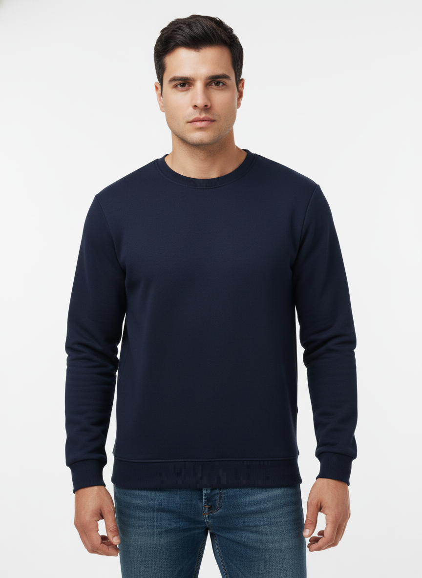 Men's Casual Fleece Solid Round Neck Long Sleeves Sweatshirt (Navy Blue)