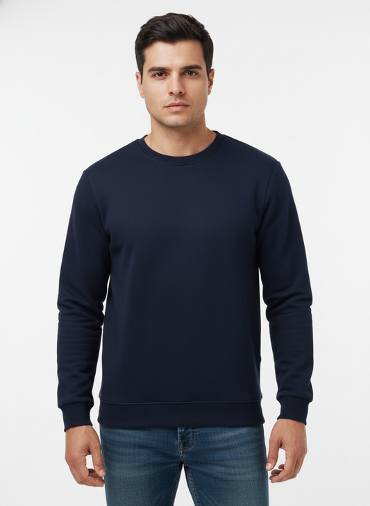 Men's Casual Fleece Solid Round Neck Long Sleeves Sweatshirt (Navy Blue)
