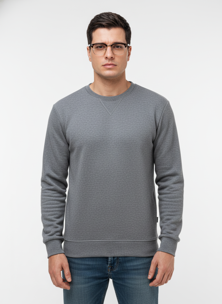 Men's Casual Fleece Solid Round Neck Long Sleeves Sweatshirt (Grey)