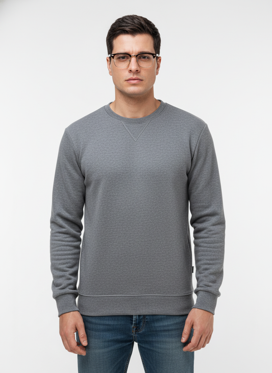 Men's Casual Fleece Solid Round Neck Long Sleeves Sweatshirt (Grey)