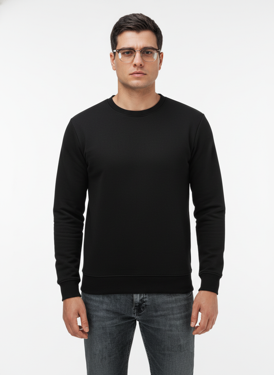 Men's Casual Fleece Solid Round Neck Long Sleeves Sweatshirt (Black)